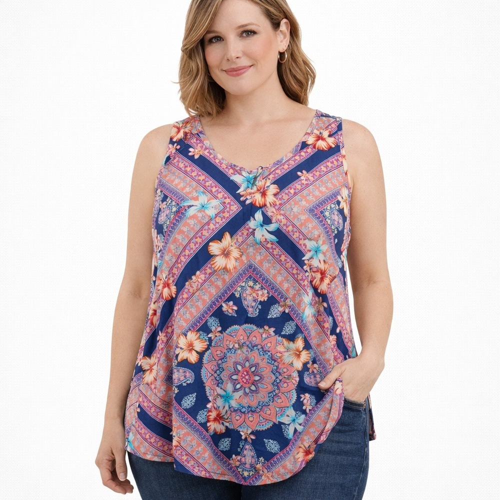 J. Jill Rayon Tank Top M Medium Purple Coral Mandala Floral Boho Lace Up Summer - Picture 1 of 12